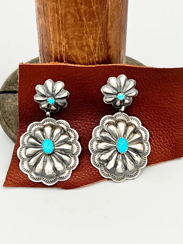 Silver Earrings for Weddings-Turquoise and Sterling Concho Earrings