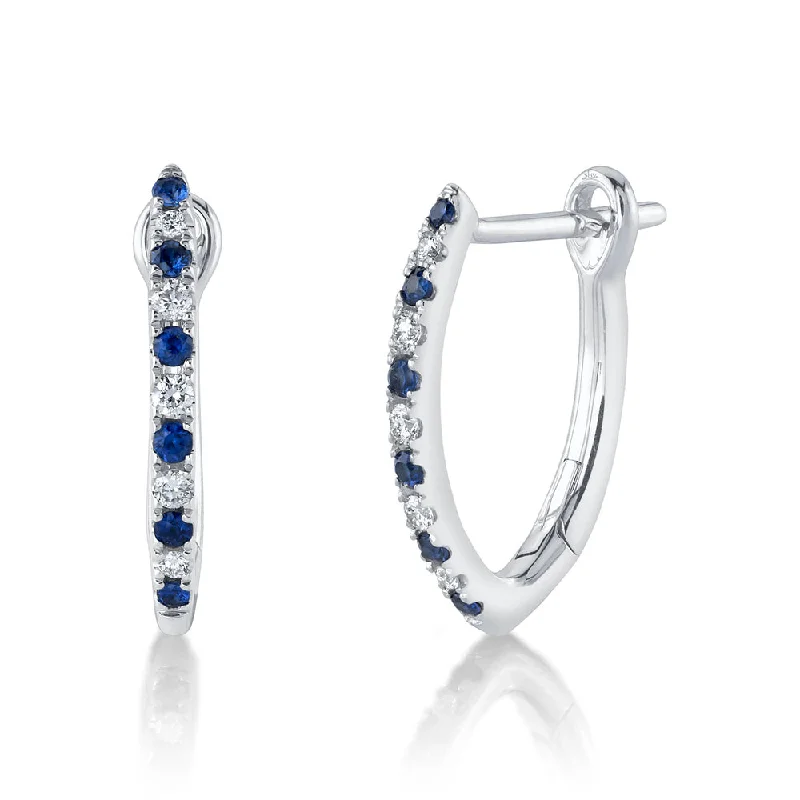 Artistic Gemstone Earrings-14K White Gold Diamond and Blue Sapphire Hoop Earrings