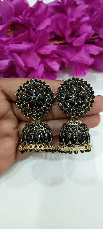 Gemstone Hoop Earrings-Alluring Black Colored Antique Gold Earrings For Women