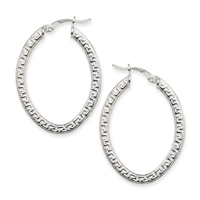 Fancy Diamond Earrings-High Polish Greek Key Oval Hoop Earrings .925 Sterling Silver