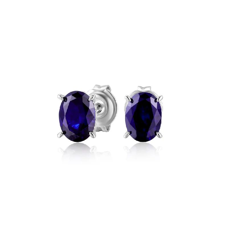 Spiral Silver Earrings-Oval stud earrings with dark blue sapphire simulants in sterling silver