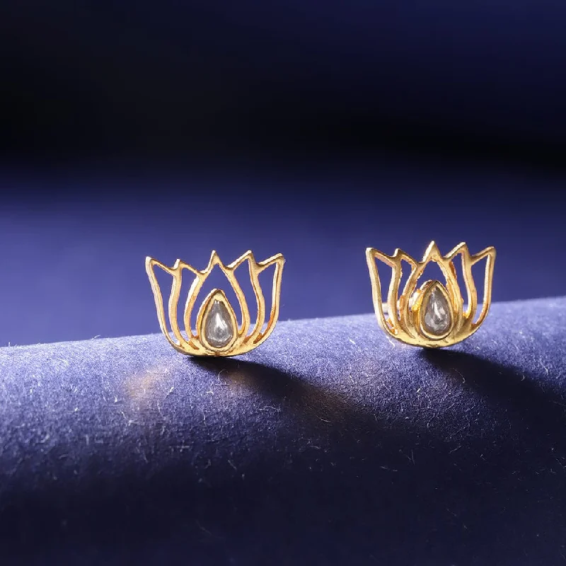 Layered Gold Earrings-92.5 Silver White Kundan Sacred Lotus Stud Earrings