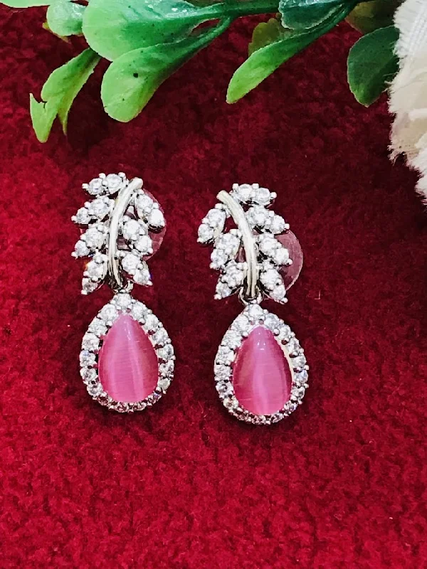 Modern Drop Earrings-Beautiful Pink Color American Diamond Earrings