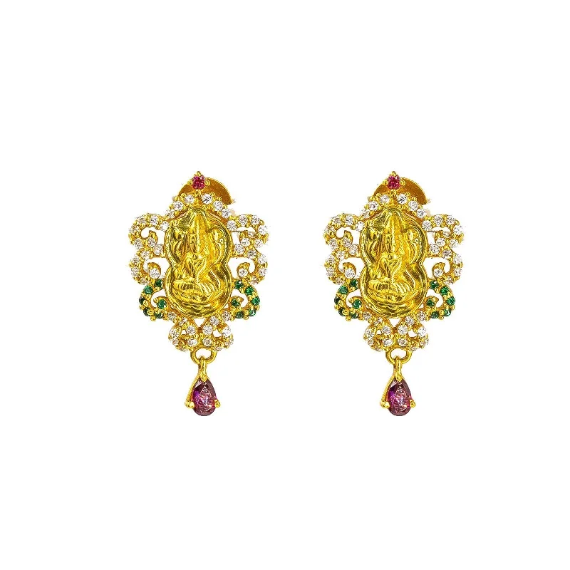 Colorful Crystal Earrings-22K Yellow Gold Laxmi Earrings W/ Ruby, Emerald, CZ Encrusted Lotus Flower & Hanging Two Prong Ruby