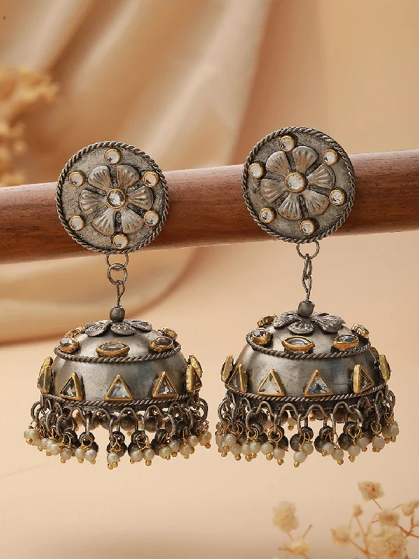 Bold Gemstone Earrings-Silver-Plated Kundan-Studded Dome Shaped Jhumkas Earrings