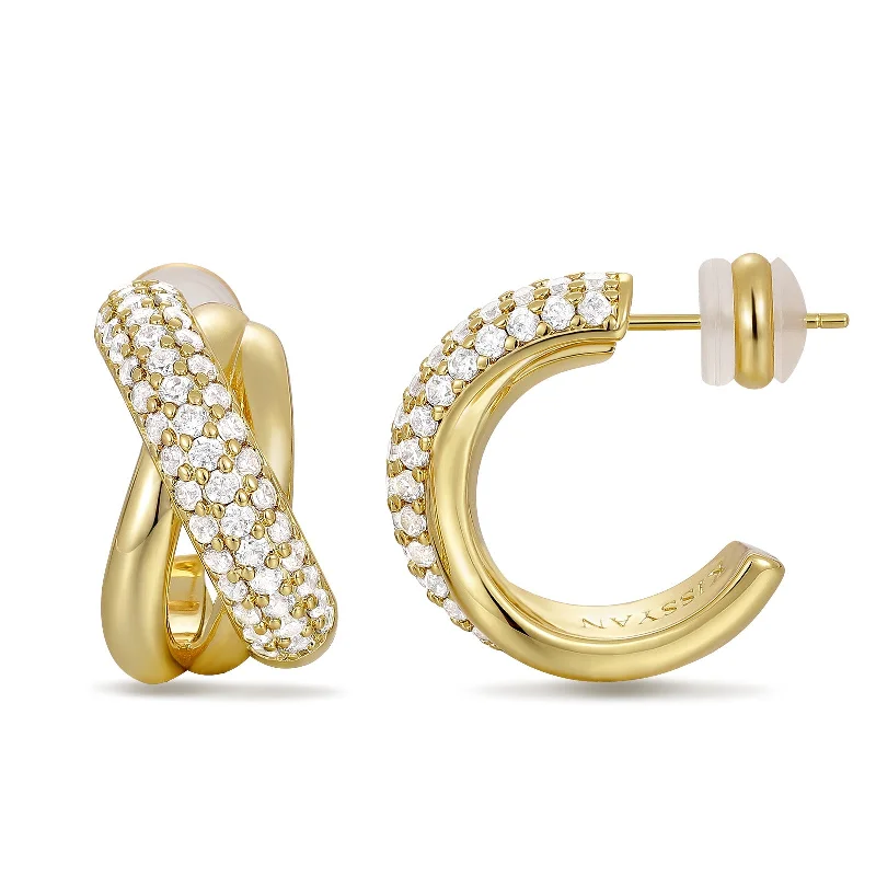 Eco-Friendly Earrings-14K Gold Plated Cubic Zirconia Triple Open Hoops C Shape Wrap Earrings