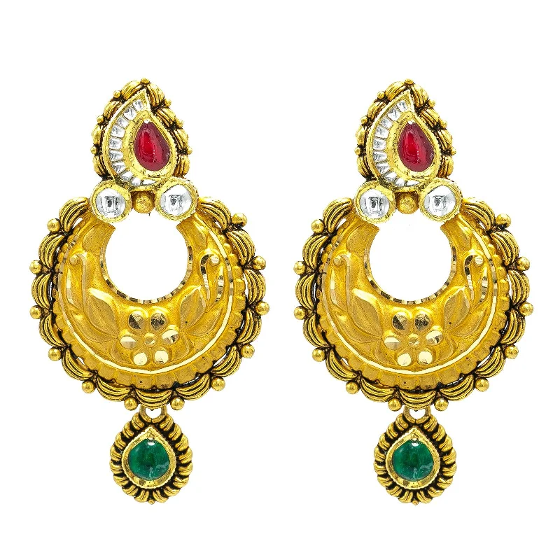 Butterfly Stud Earrings-22K Yellow Gold Chandbali Long Drop Earrings W/ Ruby, Emerald, Kundan & Rimmed Antique Finish Details