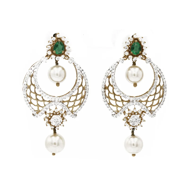 Vintage Gold Earrings-1.82 ct Diamond Drop Earrings Chandbali in 18k yellow gold with Emerald Stone and Pearls