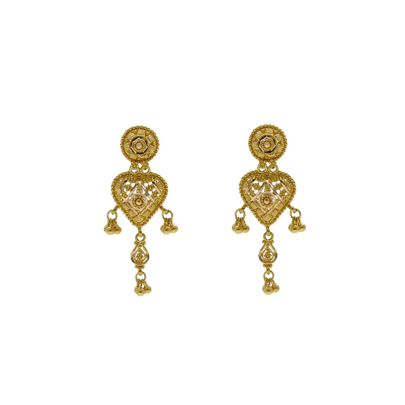 Silver Stud Earrings-22K Yellow Gold Pendant & Earrings Set W/ Spindle Frame, Filigree & Drop Gold Balls