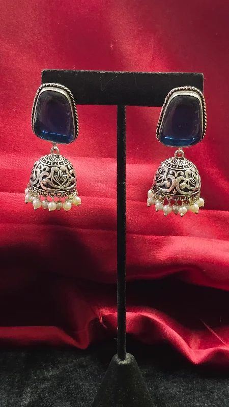 Large Crystal Earrings-Beautiful Navy Blue Color Stoned Jhumkas