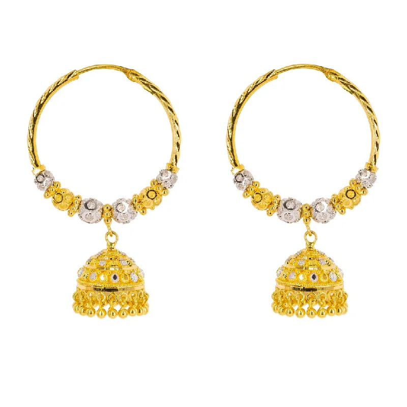 Long Dangle Earrings-22K Multi Tone Gold Hoop Earrings W/ Speckled Balls & Jhumki Drops