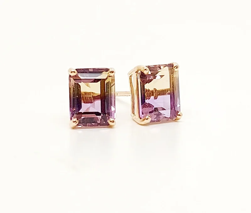 Handmade Drop Earrings-AMETRINE STUD EMD CUT IN 14K ROSE GOLD