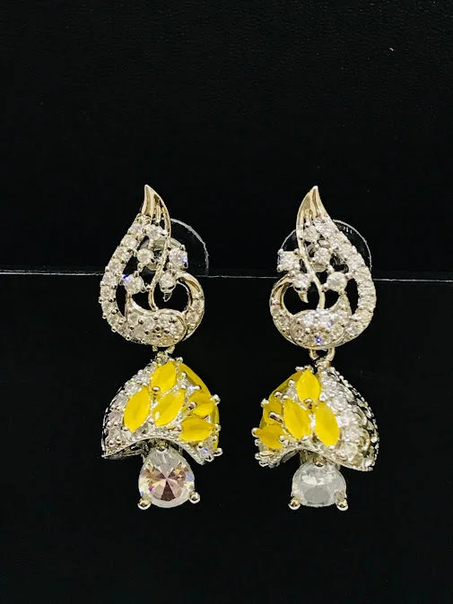 Gemstone Dangle Earrings-Gorgeous American Diamond Yellow Colored Jhumka Earrings For Women