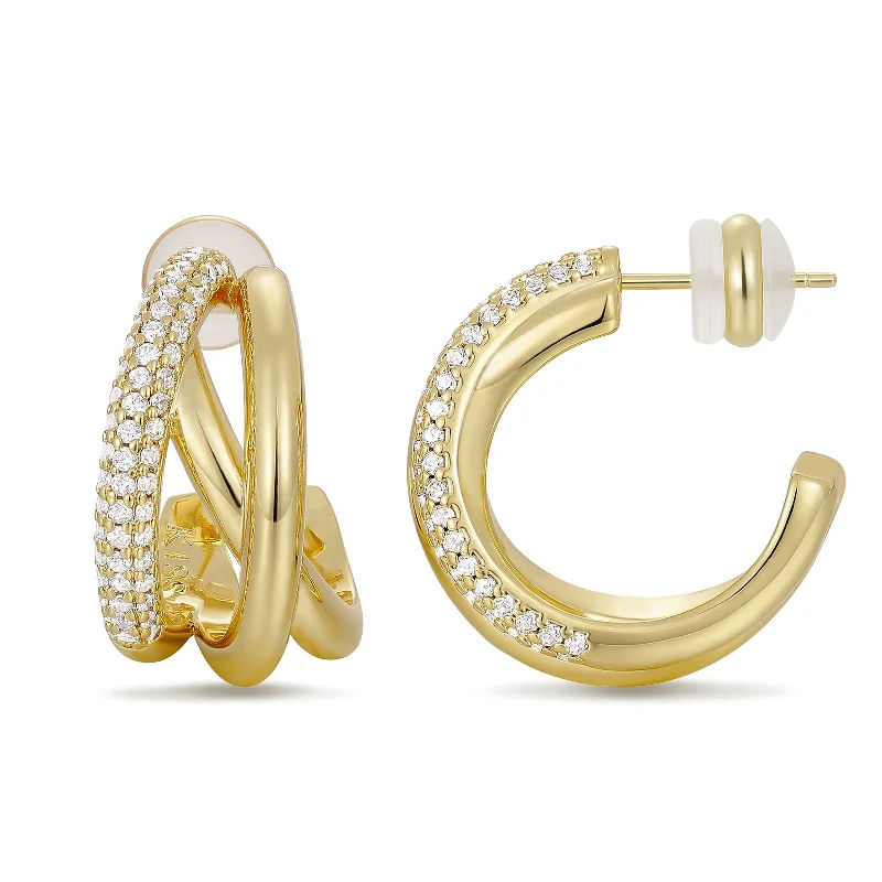 Long Silver Earrings-14K Gold Plated Cubic Zirconia Triple Open Hoops C Shape Wrap Earrings