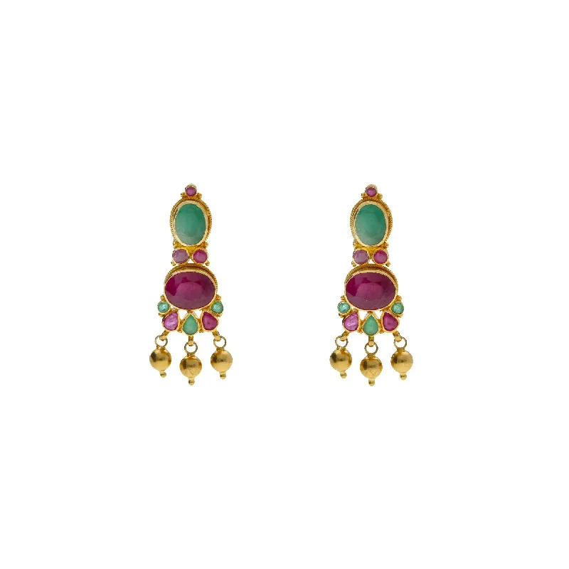 Elegant Statement Earrings-22K Yellow Gold Ornate Drop Earrings W/ Rubies, Emeralds & Drop Balls