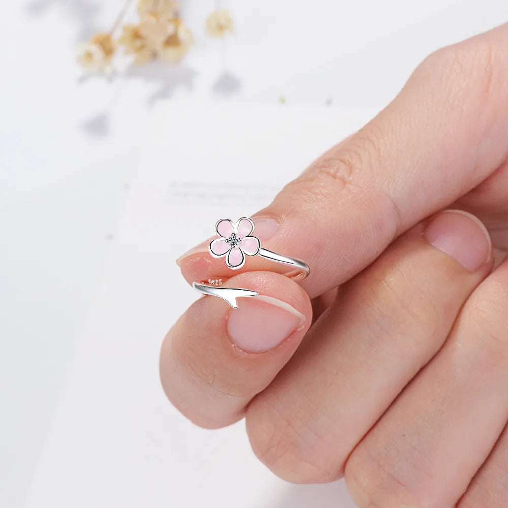 Unique Gemstone Ring-Wholesale Sweet Flower Copper Epoxy Inlay Silver Plated Zircon Open Rings