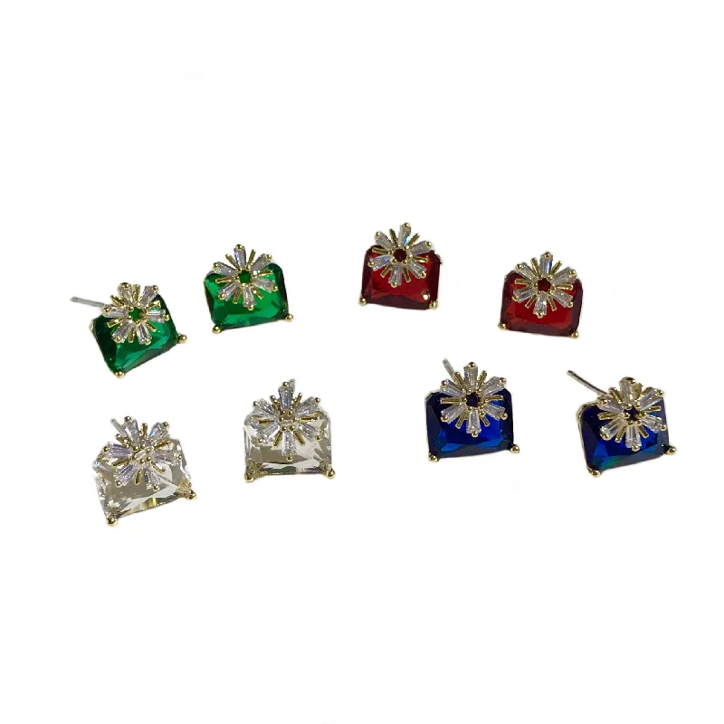 Simple Diamond Earrings-Flower Birthstone Rectangle Studs