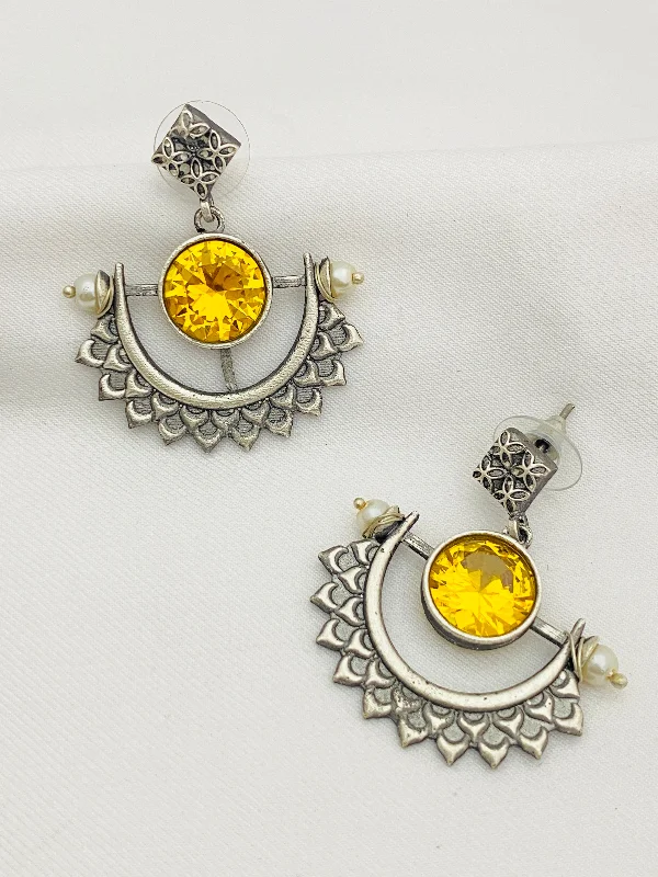 Abstract Design Earrings-Gorgeous Yellow Color Designer Silver Oxidized Earrings For Women