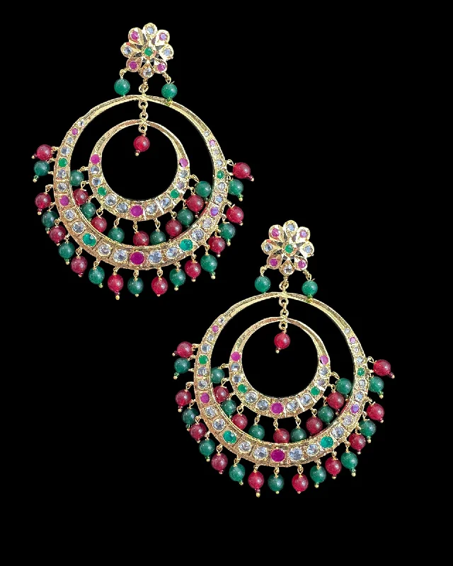 Clear Crystal Earrings-DER773 USHA overzied chandbali earrings - Ruby emerald ( READY TO SHIP )