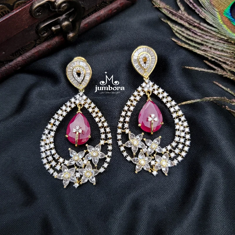 Classic Silver Earrings-Partywear Designer White & Ruby Red AD Zircon Earrings