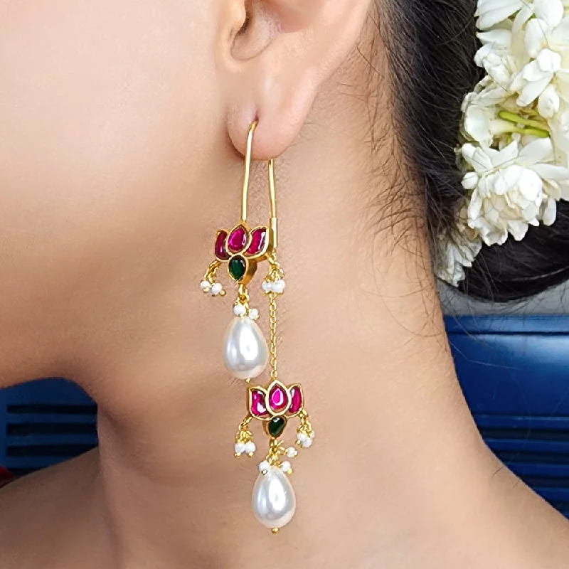 Minimalist Gold Earrings-Double Lotus Kundan Silver 92.5 Sui Dhaga Earring