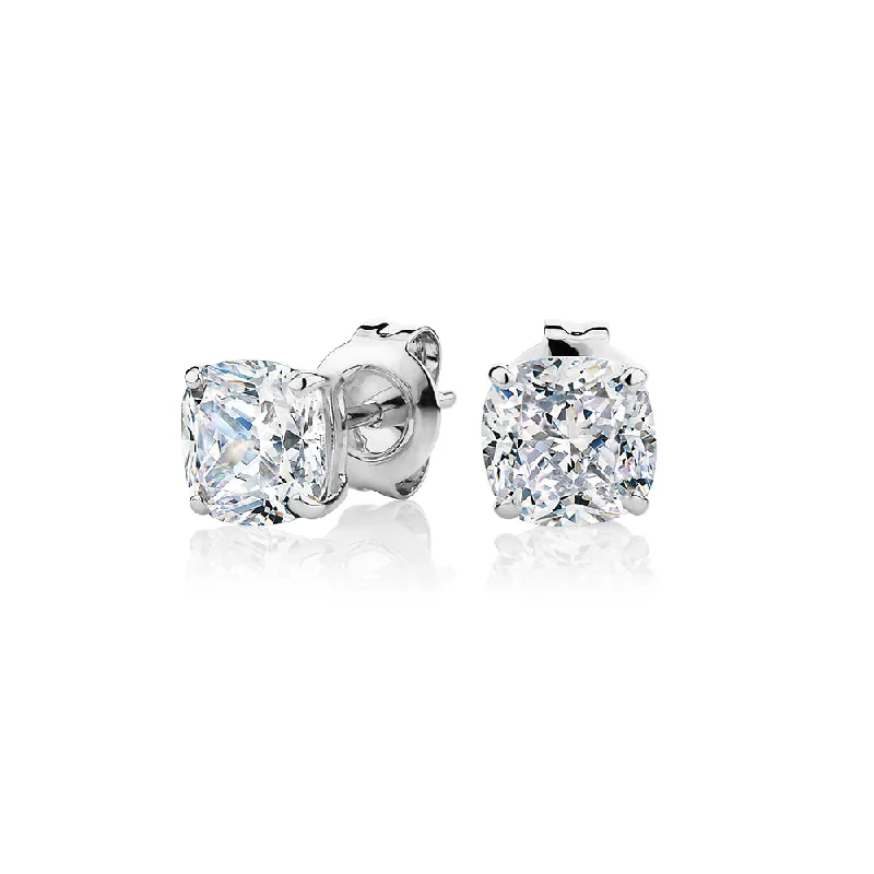 Long Gold Earrings-Cushion stud earrings with 2 carats* of diamond simulants in 10 carat white gold