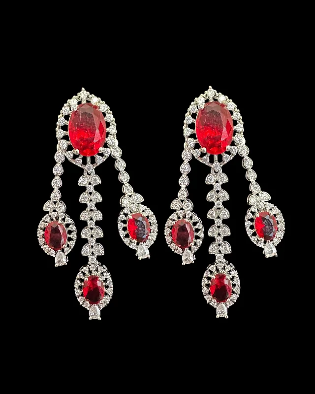 Long Gold Earrings-DER770  cz earrings  - Ruby, silver plated  ( READY TO SHIP )