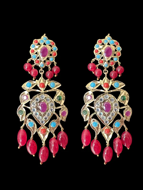 Oversized Hoop Earrings-DER597 Navratan earrings with ruby beads ( READY TO SHIP )