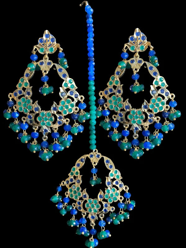 Bold Gemstone Earrings-DJET24 Madhuri earrings tika set in blue green    ( READY TO SHIP)