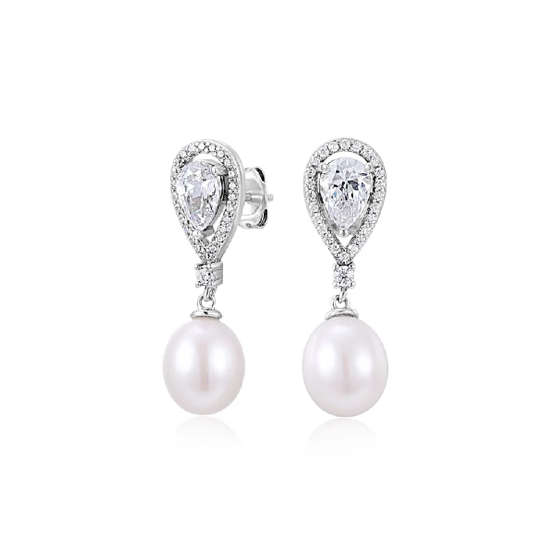 Classic Diamond Earrings-Cultured freshwater pearl drop earrings in sterling silver