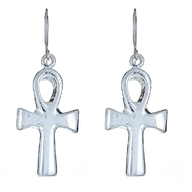 Rose Gold Drop Earrings-Smooth Ankh Cross .925 Sterling Silver Earrings