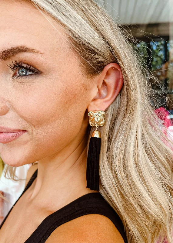 Elegant Stud Earrings-Gold Bulldog Tassel Earrings