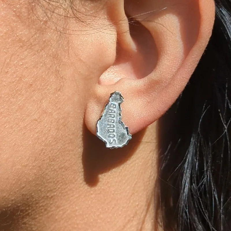 Bright Silver Earrings-Barbados Map Stopper Stud Earring by Caribbijou