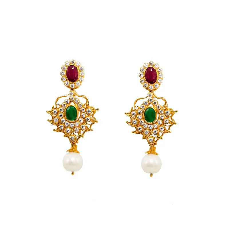 Chic Drop Earrings-22K Yellow Gold Flower Earrings W/ Rubies, Emeralds, CZ Gems & Drop Pearl