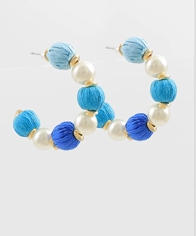 Silver Chandelier Earrings-Pearl Raffia Blue Hoop Earrings