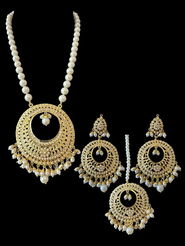 Boho Chic Earrings-PS523 Jadau pendant and earrings tika set in pearls (READY TO SHIP )