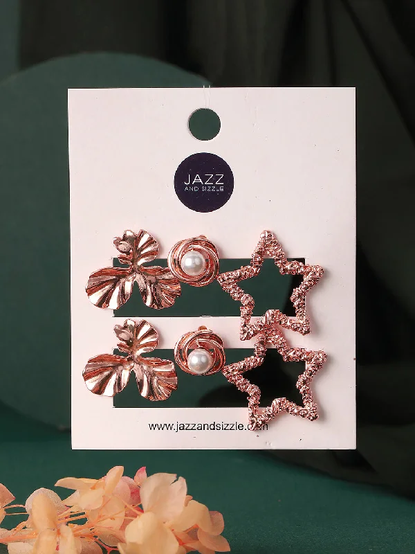 Large Gold Earrings-Set Of 3 Rose Gold Plated Star & Floral Shaped Stud Earrings