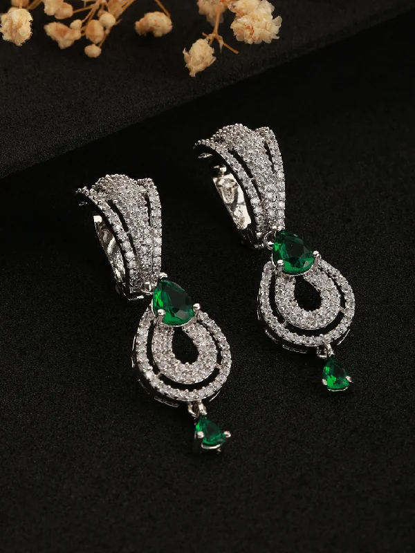 Shiny Stud Earrings-Green & White Rhodium Plated Ad Studded Teardrop Earrings