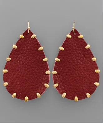 Fancy Gold Earrings-Studded Burgundy Teardrop Earrings