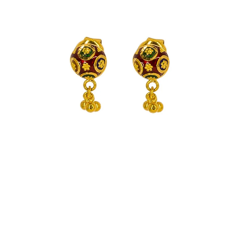 Golden Pearl Earrings-22K Yellow Gold Stud Earrings W/ Enamel Design & Round Gold Decals