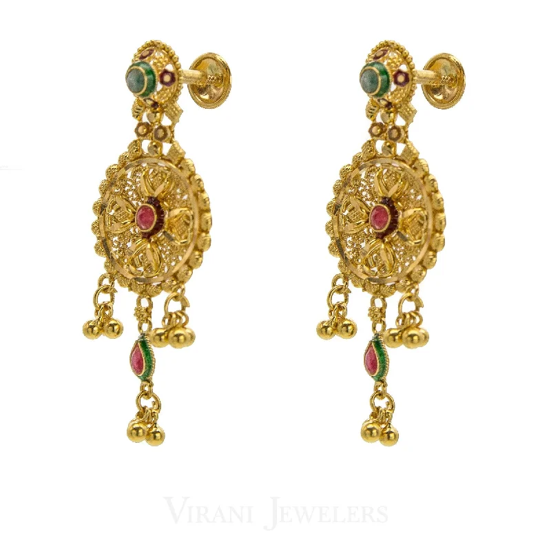 Birthstone Stud Earrings-22K Yellow Gold Kundan Chandelier Earrings W/ Emerald And Ruby Stones And Post Screw Backs