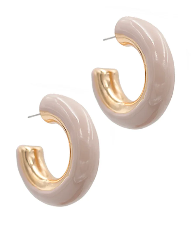 Silver Chain Drop Earrings-Chunky Enamel Taupe Hoop Earrings