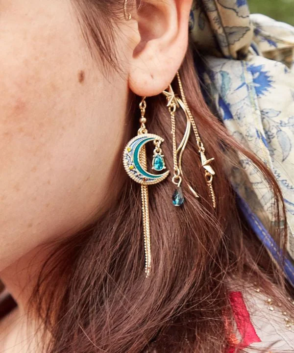 Light Blue Earrings-Moon Charm Earhook