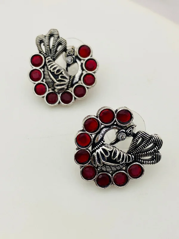 Minimalist Gold Earrings-Appealing Red Stone Studded Peacock Designed Silver Toned Oxidized Stud Earrings