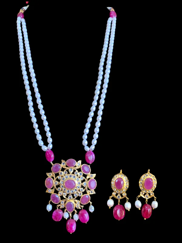 Beautiful Pearl Earrings-Naurin gold plated silver pendant with earrings in rubies ( READY TO SHIP)