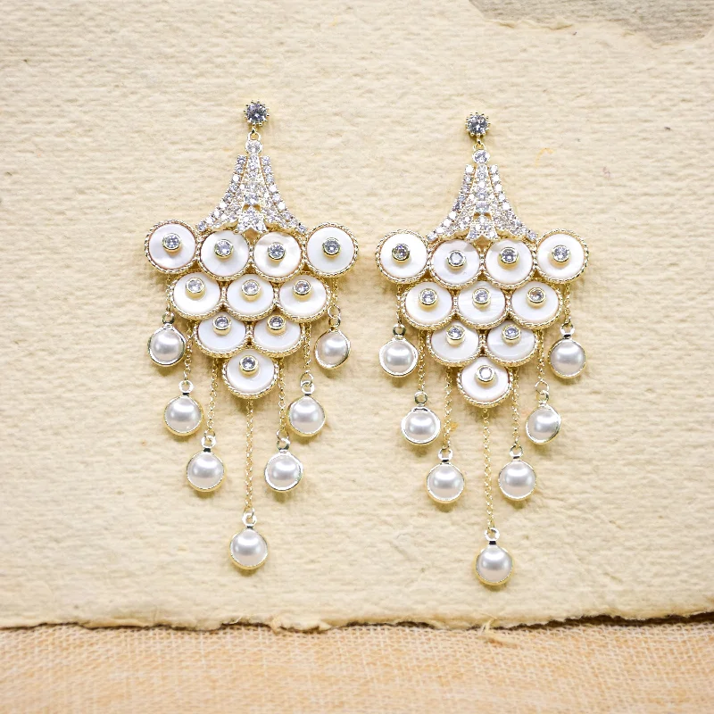 Silver Chain Earrings-Studded Wheels Pearl Earrings