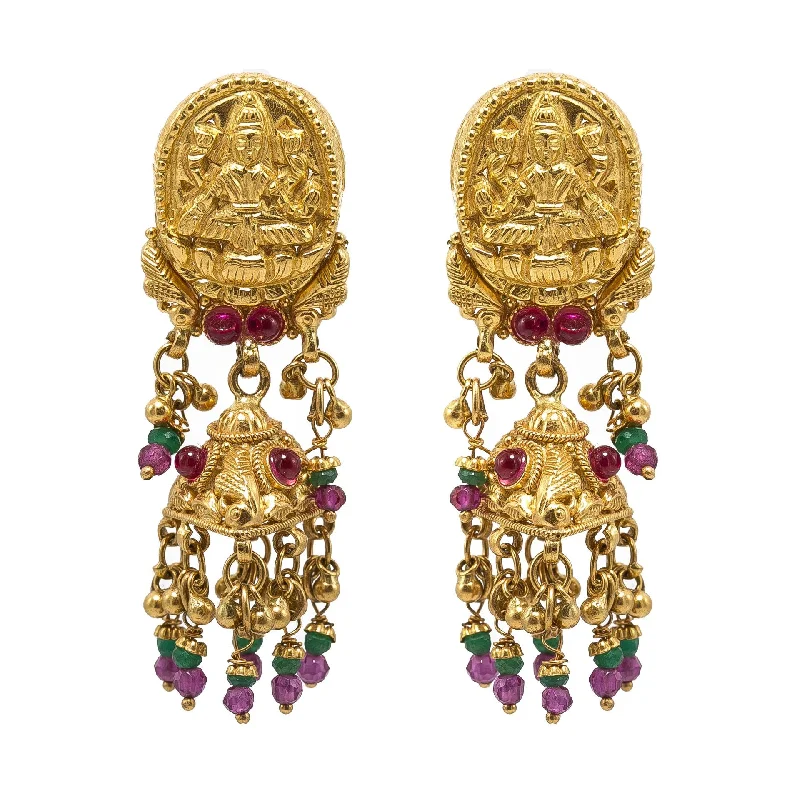 Custom Drop Earrings-22K Yellow Gold JhumkiDrop Earrings W/ Rubies, Emeralds, Laxmi Pendant & Beaded tassels