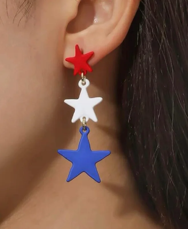 Silver Bead Earrings-Red, White and Blue Star Earrings