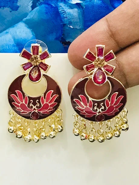 Vintage Pearl Drop Earrings-Dazzling Antique Gold Maroon Color Enamel And Beads Work Earrings For Women