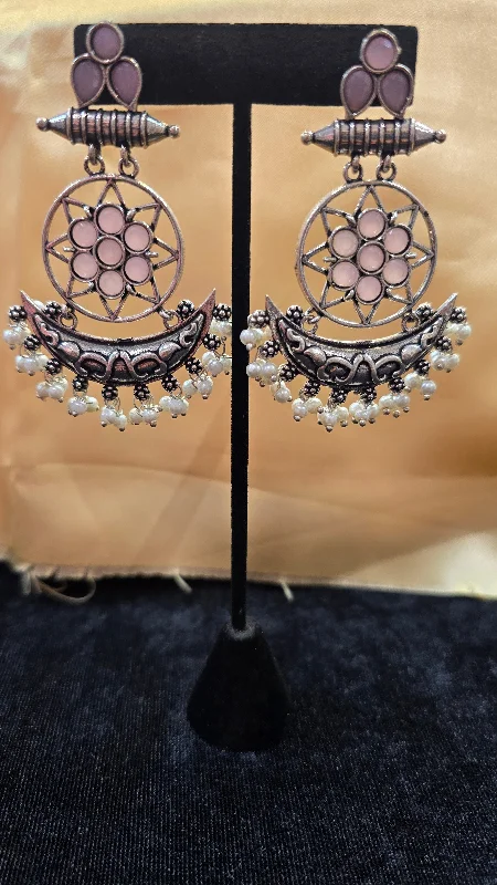 Chandelier Earrings for Weddings-Beautiful Oxidized Pink Colored Long Earrings For Women